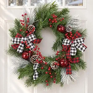 22 Inch Artificial Christmas Wreath with Buffalo Plaid Bows Bell Pine Cone