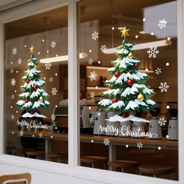 2 Sheets Christmas Snowy Tree Static Window Clings 45x60cm, Merry Christmas Snowflake Glass Decals, Reusable No Adhesive Xmas Shop Cafe Front Window Decorations