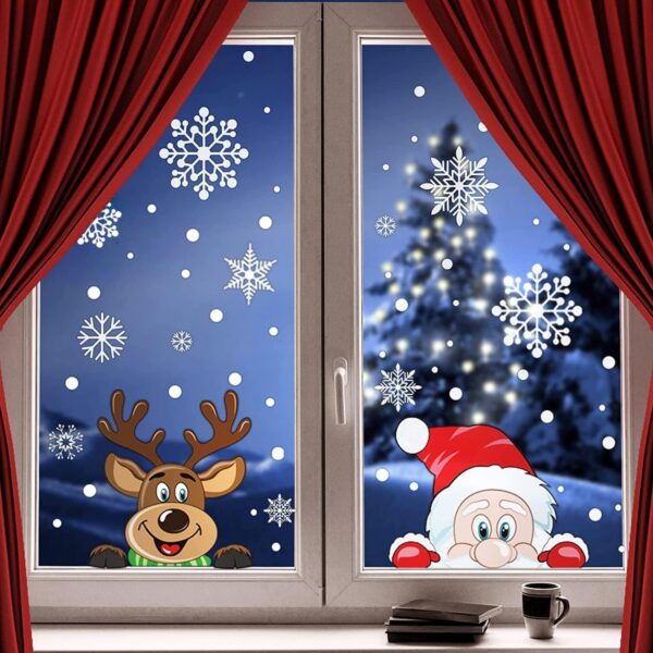 300 PCS 8 Sheet Christmas Snowflake Window Cling Stickers for Glass, Xmas Decals Decorations Holiday Snowflake Santa Claus Reindeer Decals for Christmas Home Glass Decoration Party Supplies