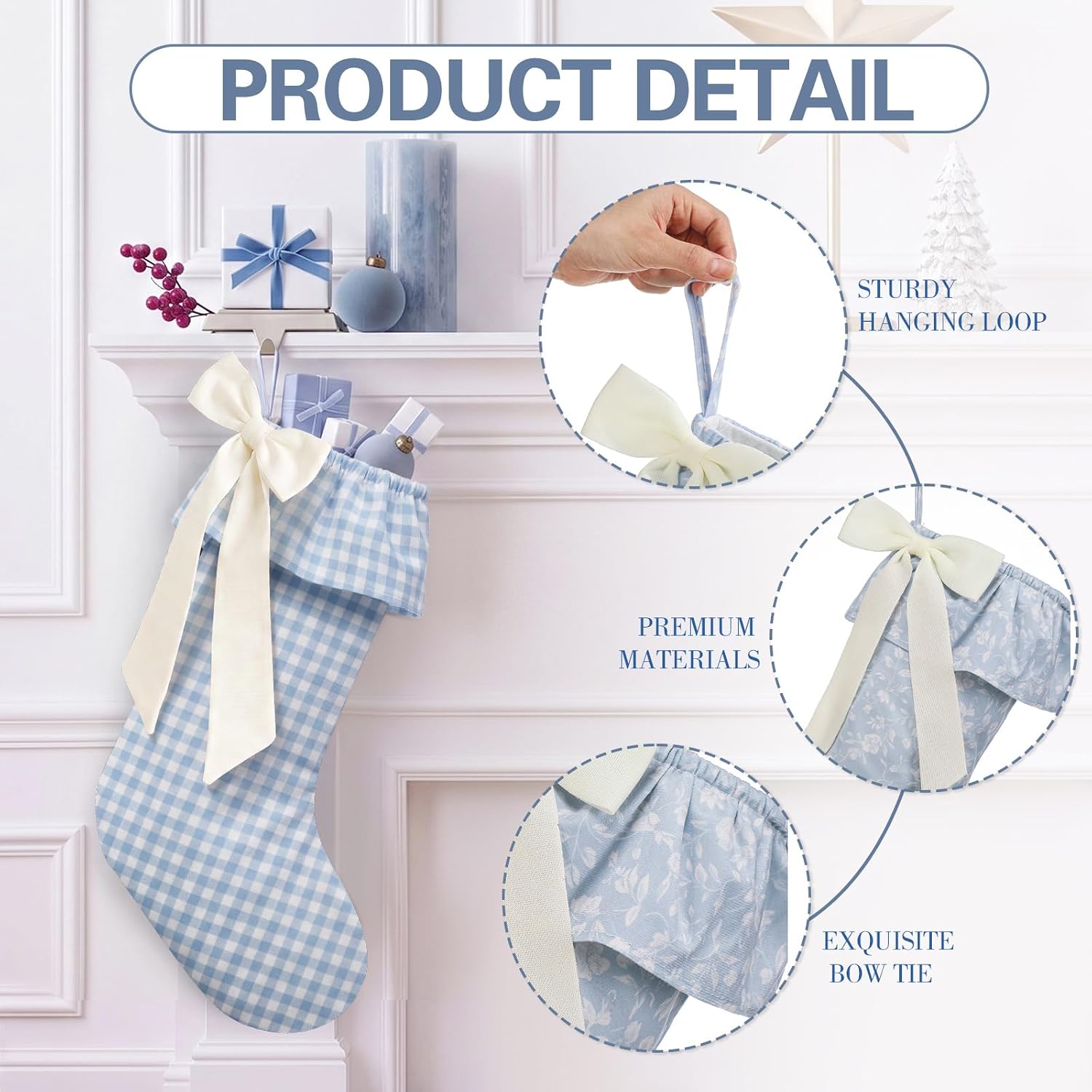 4 Pack Christmas Gingham Floral Bow Stockings Blue Ruffled Socks - Image 2