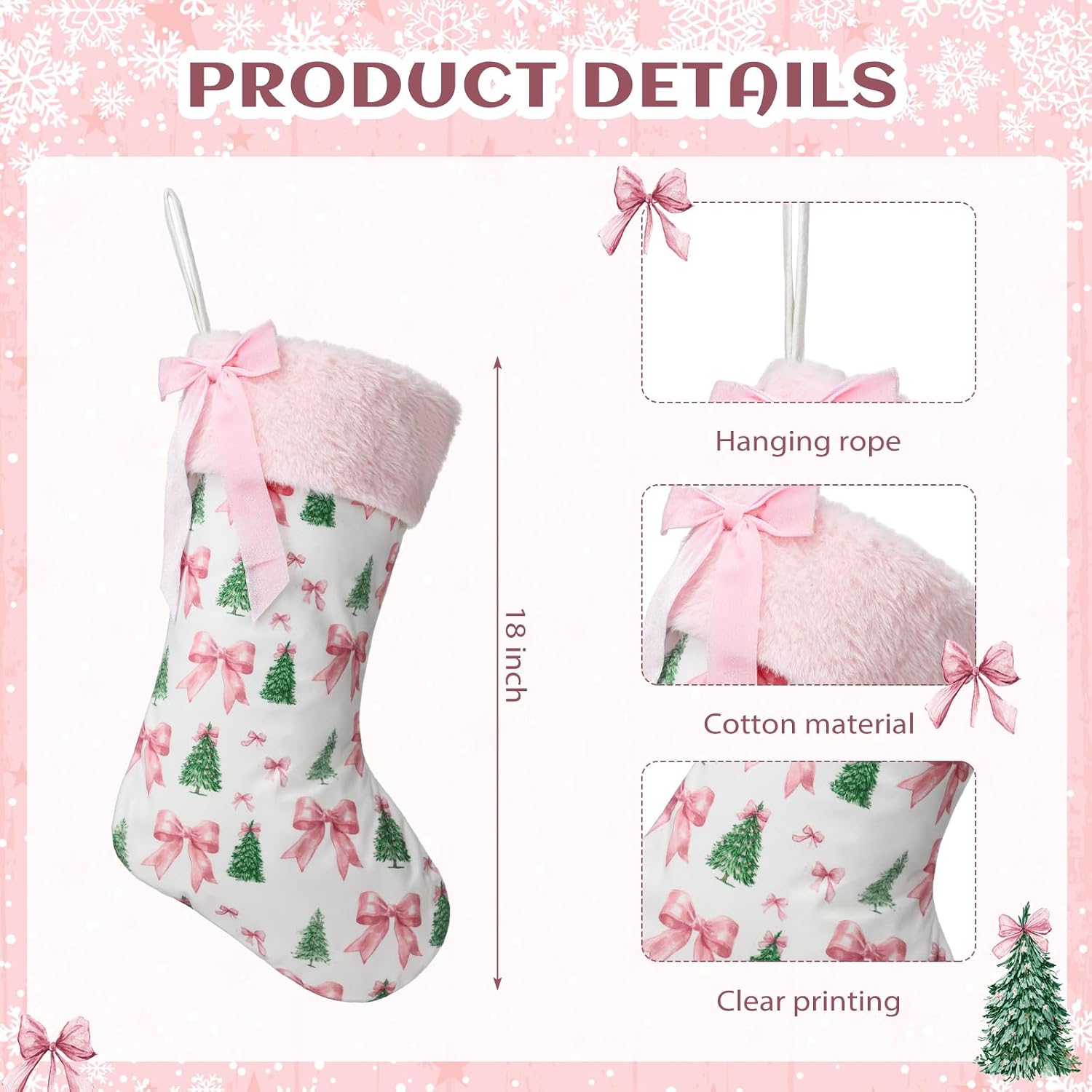 Pink Bow Christmas Tree Stocking, 18 Inch Faux Fur Hanging - Image 2
