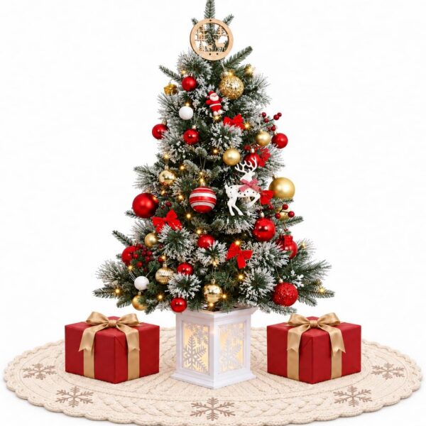 3FT Prelit Artificial Christmas Tree with Lights, 3 Foot Artificial Christmas Tree with Snowflake Base, 78 LED Prelit Christmas Tree, Battery Operated, Timer, Easy Assembly, Winter Holiday Decor