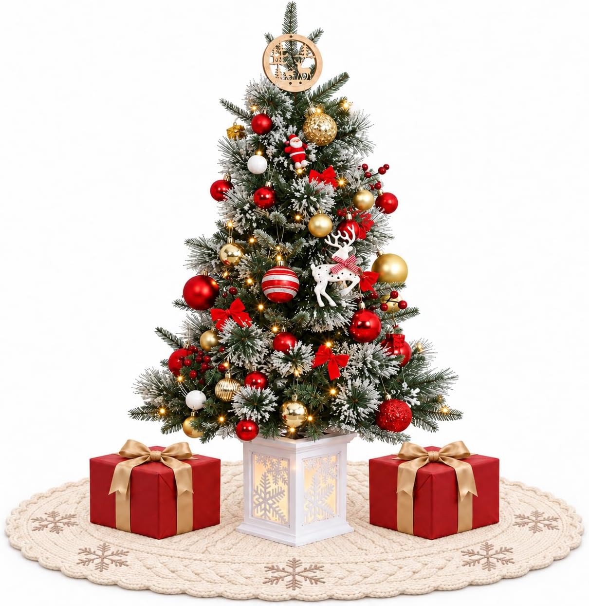 3FT Prelit Artificial Christmas Tree with Lights, 3 Foot Artificial Christmas Tree with Snowflake Base, 78 LED Prelit Christmas Tree, Battery Operated, Timer, Easy Assembly, Winter Holiday Decor