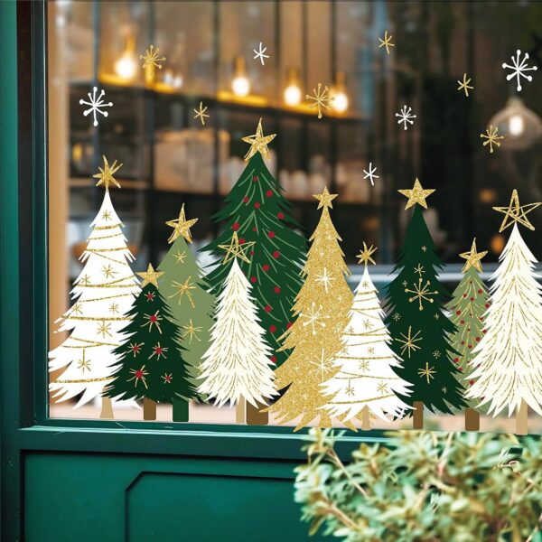 9 Sheets Christmas Window Clings Window Decals White Green Gold Xmas Tree Snowflake Reusable Anti-Collision Windows Decor for Winter Home Glass Mirror Decor