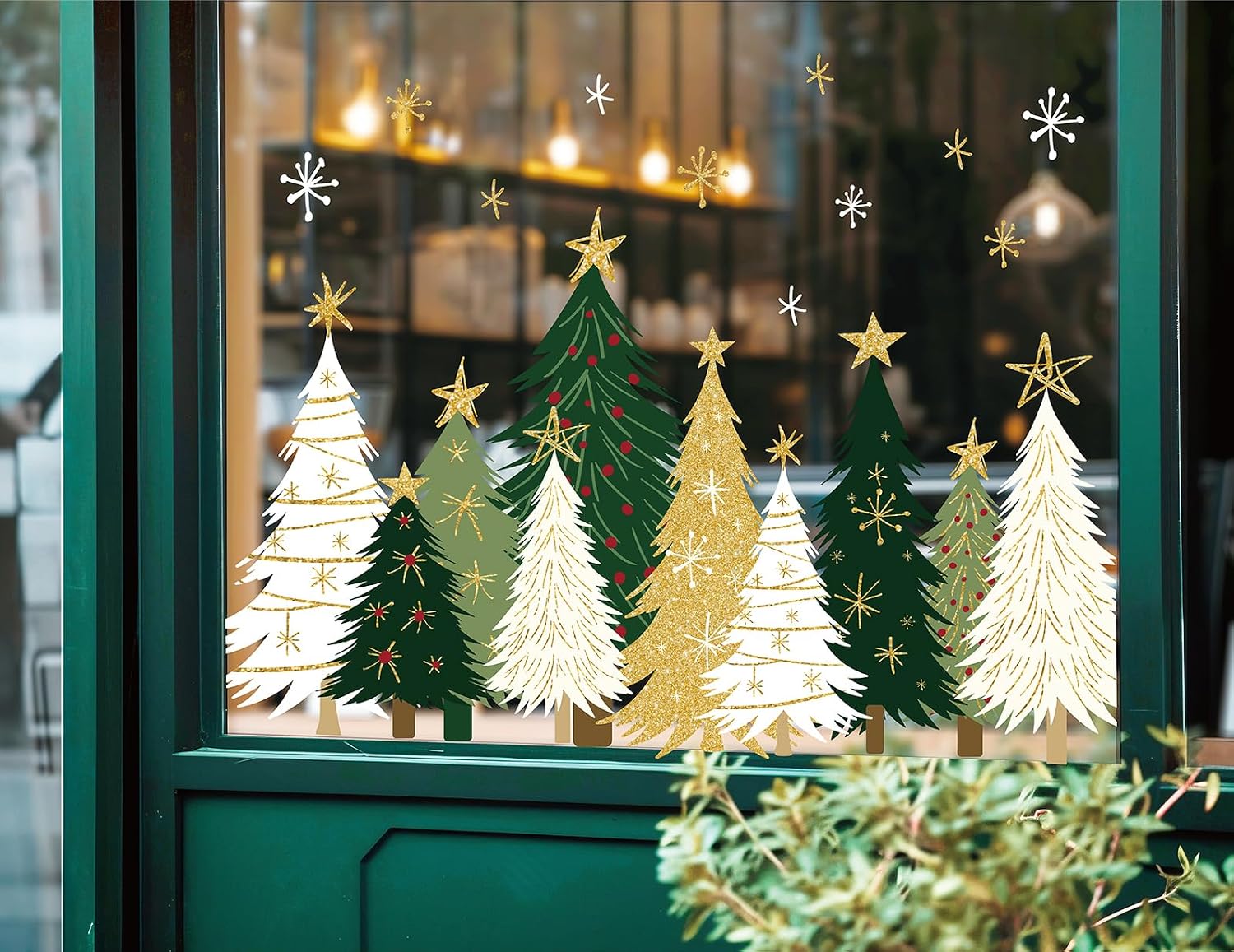 9 Sheets Christmas Window Clings Window Decals White Green Gold Xmas Tree Snowflake Reusable Anti-Collision Windows Decor for Winter Home Glass Mirror Decor