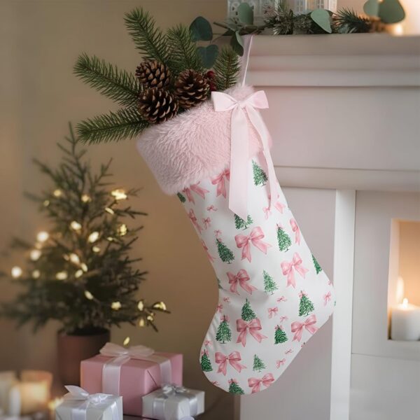 Pink Bow Christmas Tree Stocking, 18 Inch Faux Fur Hanging