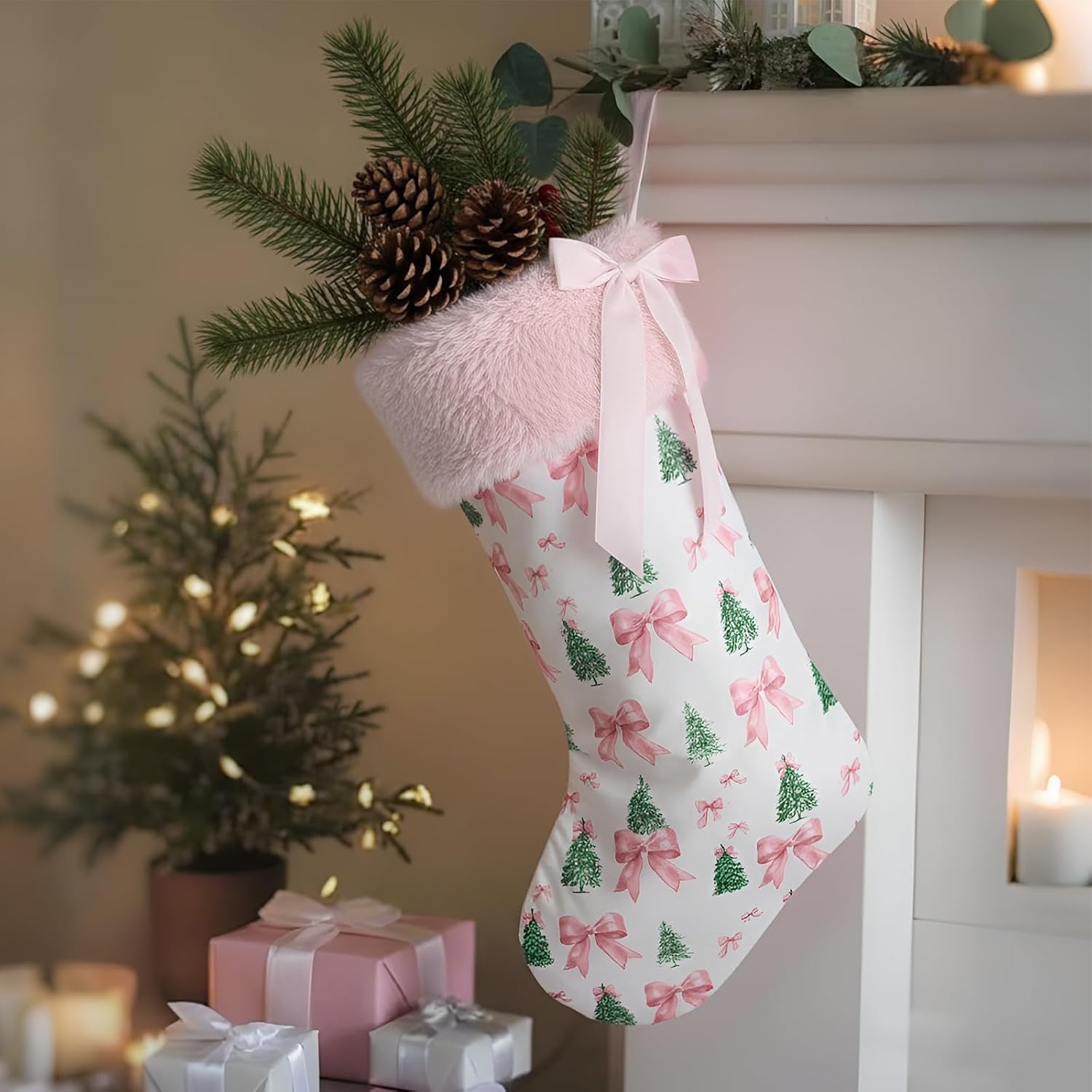 Pink Bow Christmas Tree Stocking, 18 Inch Faux Fur Hanging