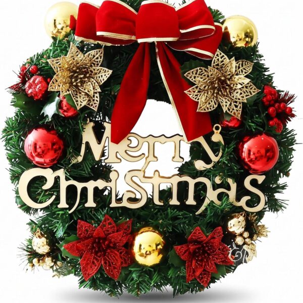 Christmas Wreaths for Front Door,12" Artificial Christmas Door Wreath with Holly Leaves, Red Bow, Baubles & Merry Christmas Sign, Indoor Outdoor Xmas Decoration for Front Door, Wall, Window