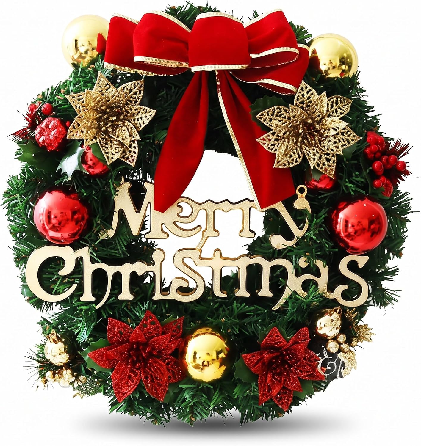 Christmas Wreaths for Front Door,12" Artificial Christmas Door Wreath with Holly Leaves, Red Bow, Baubles & Merry Christmas Sign, Indoor Outdoor Xmas Decoration for Front Door, Wall, Window