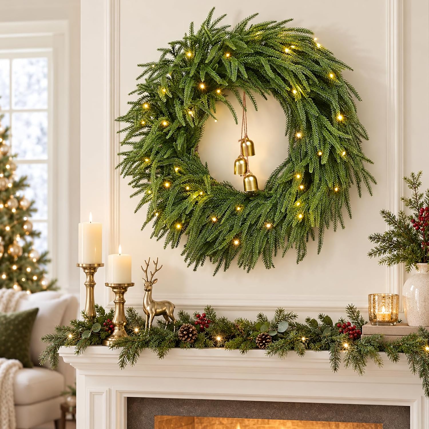 Christmas Wreath -24" Real Touch Christmas Wreath with Lights - Image 2