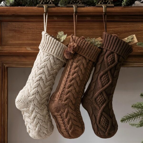 Farmhouse Knitted Christmas Stockings: 3 Pack 18 Inch Neutral Cable Knit Fireplace Stockings, Cozy Hanging Xmas Stockings Rustic Stocking Decorations for Family Holiday Décor, Earth Tones