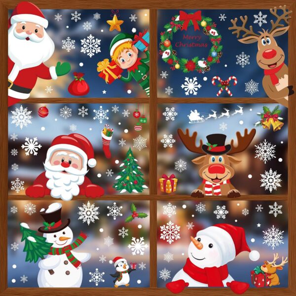 186PCS Christmas Decor, Christmas Window Clings, 9 Sheets Snowflake Window Stickers Decals with Santa Claus Snowman Reindeer, PVC Xmas Decorations Clings for Holiday Party Decorations Accessories