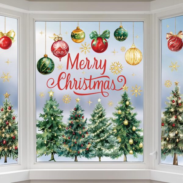 9 Sheets Christmas Window Clings Watercolor Xmas Tree Window Decals Xmas Ball Snowflake Windows Stickers Double-Sided Merry Christmas Windows Decorations for Holiday Party Home Office Glass Decor