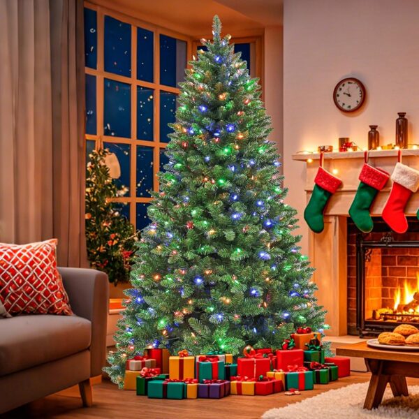 6ft Artificial Prelit Christmas Tree with 250 Multicolor LEDs, Flame-Retardant PVC Branches, 1,032 Tips, 10 Display Modes, Hinged Setup, Foot Pedal and Metal Stand