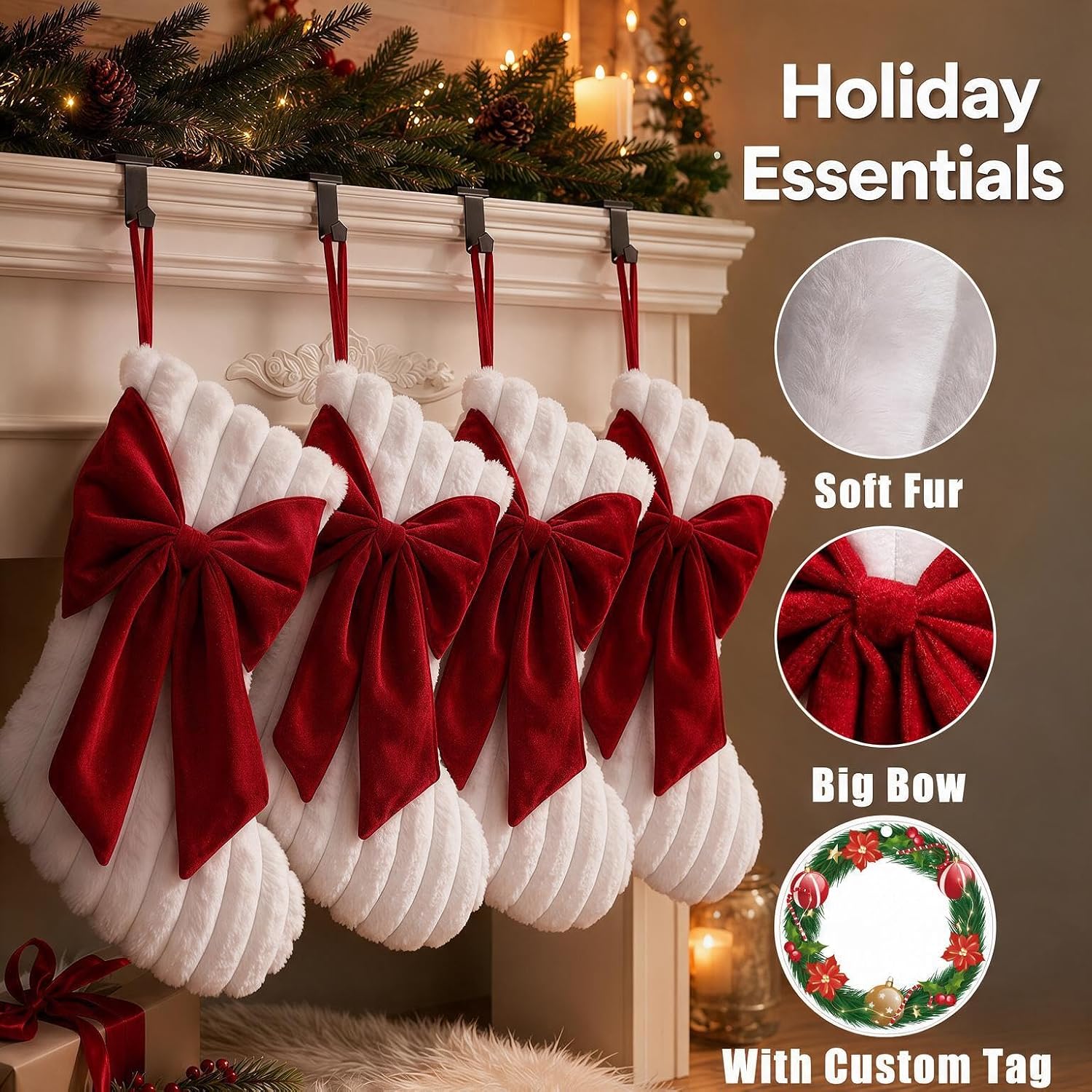 Christmas Stockings Plush 4 Pack White Large Family Rustic Personalized - Image 2