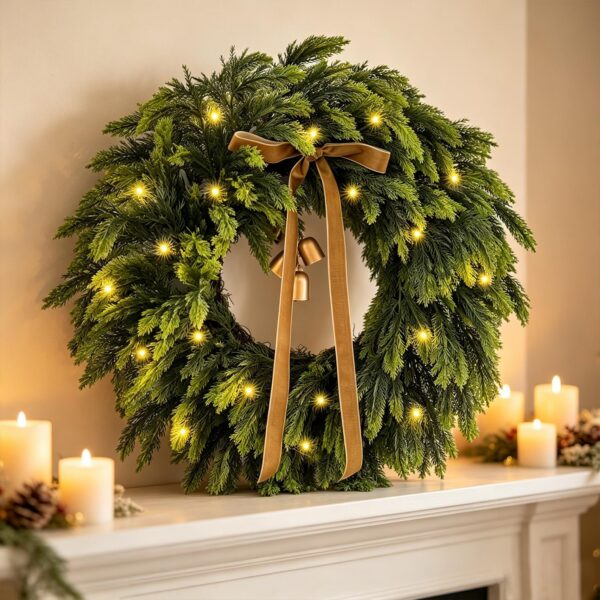 22 Inch Real Touch Cedar Lighted Christmas Wreath for Front Door