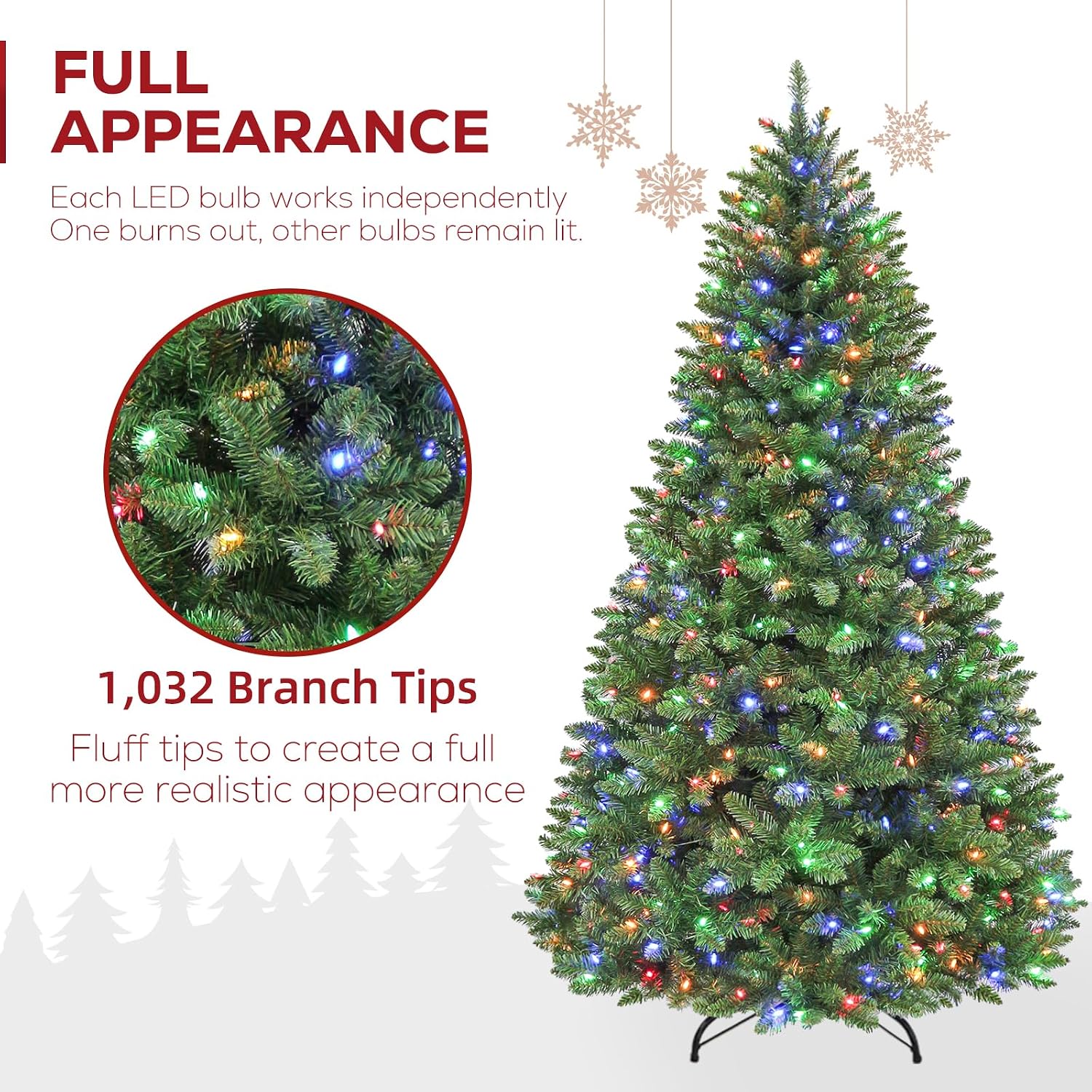 6ft Artificial Prelit Christmas Tree with 250 Multicolor LEDs, Flame-Retardant PVC Branches, 1,032 Tips, 10 Display Modes, Hinged Setup, Foot Pedal and Metal Stand - Image 2