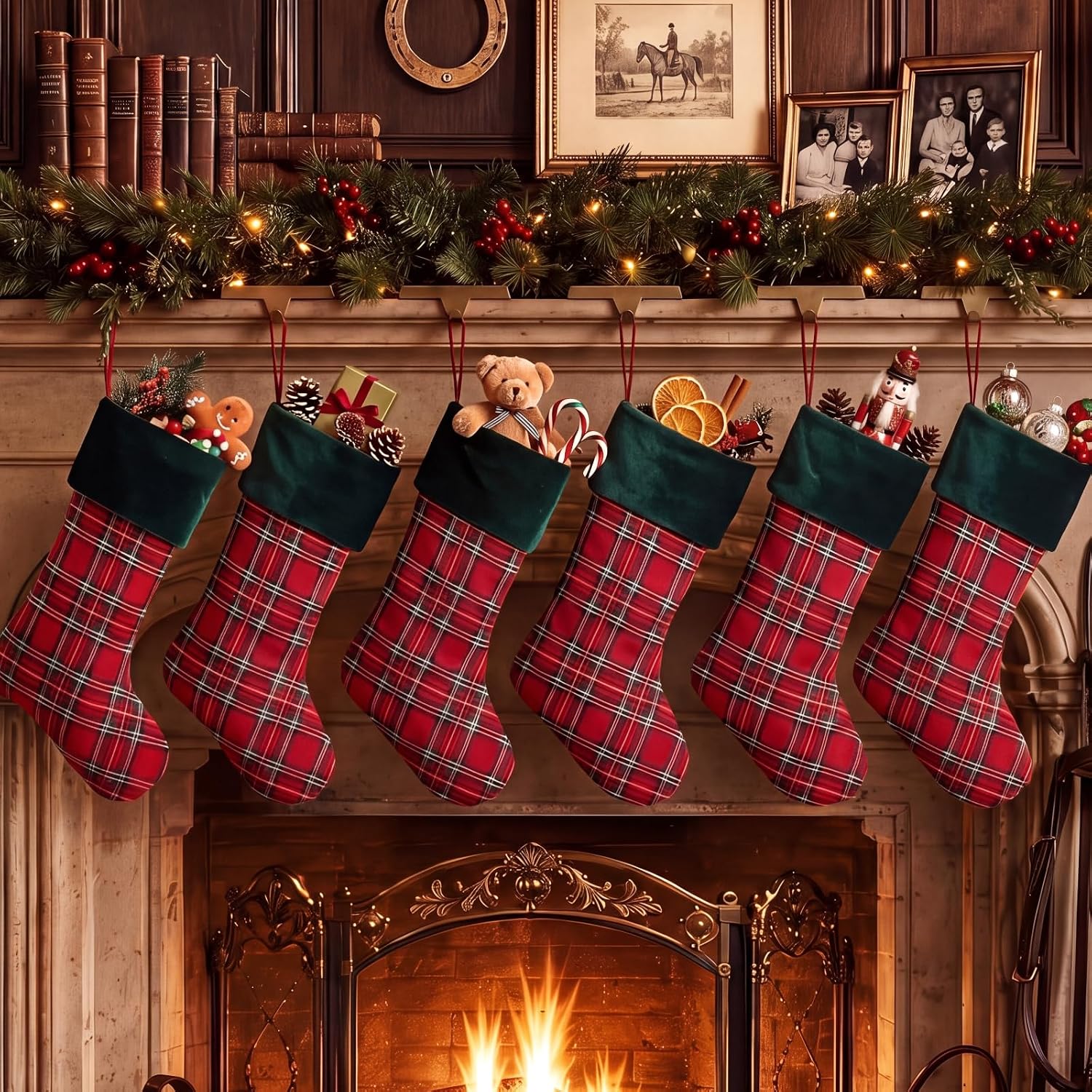 6 Pack Christmas Tartan Plaid Stockings Red Green Stocking with Velvet Cuff