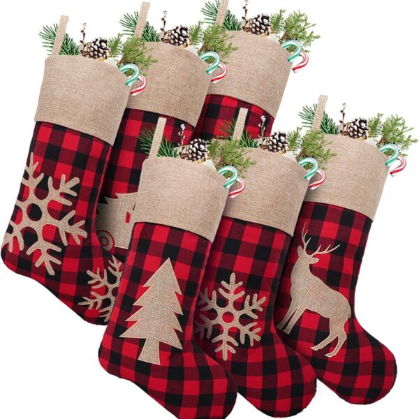 Christmas Stockings Decorations 6 Pack, 18 inches Red Black Buffalo Plaid Xmas Ornaments, Rustic Cotton Linen with Embroidered Burlap, DIY Personalized Farmhouse Decor for Home Family Party Tree