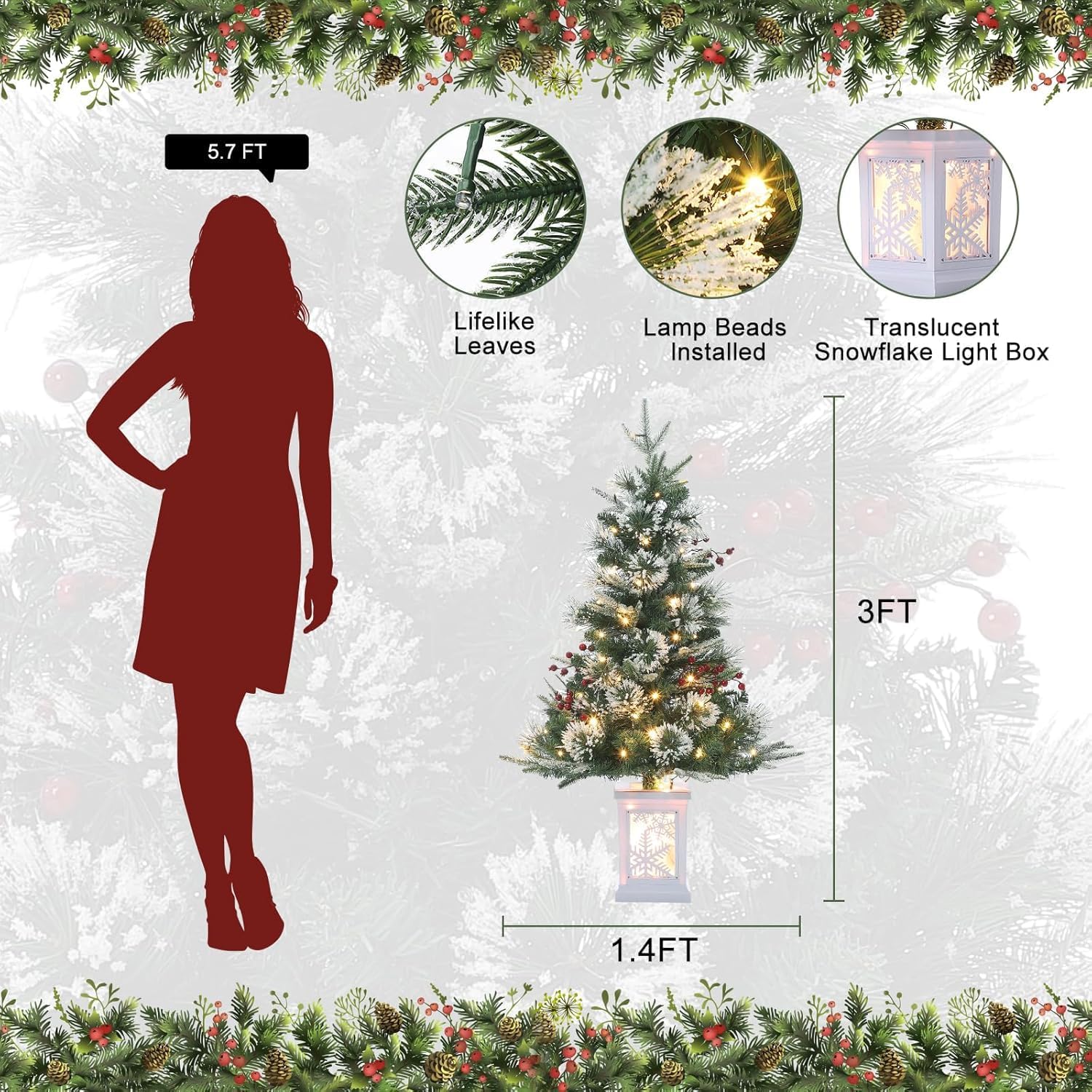 3FT Prelit Artificial Christmas Tree with Lights, 3 Foot Artificial Christmas Tree with Snowflake Base, 78 LED Prelit Christmas Tree, Battery Operated, Timer, Easy Assembly, Winter Holiday Decor - Image 2