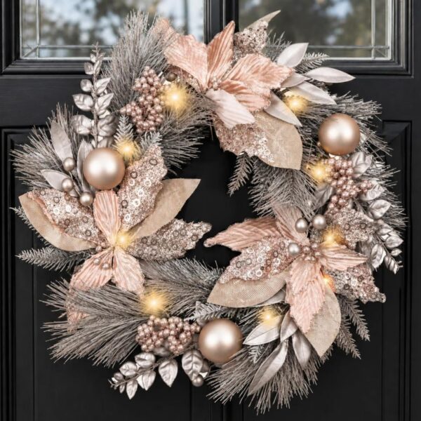 22 Inch Champagne Christmas Wreath with Gold Ball Ornaments for Front Door