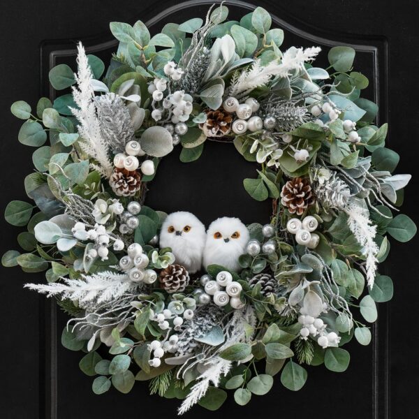 Winter Wreath for Front Door, 24 Inch Christmas Wreath with Owl Decor, Pine Cones, and Evergreen Greenery, Festive Winter Door Decor, Artificial Holiday Farmhouse Rustic Wreath