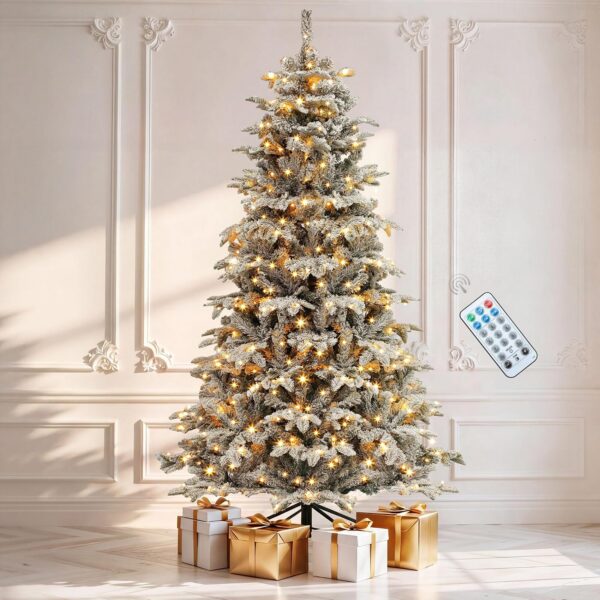 6.5ft Prelit Flocked Layered Christmas Tree with Metal Stand