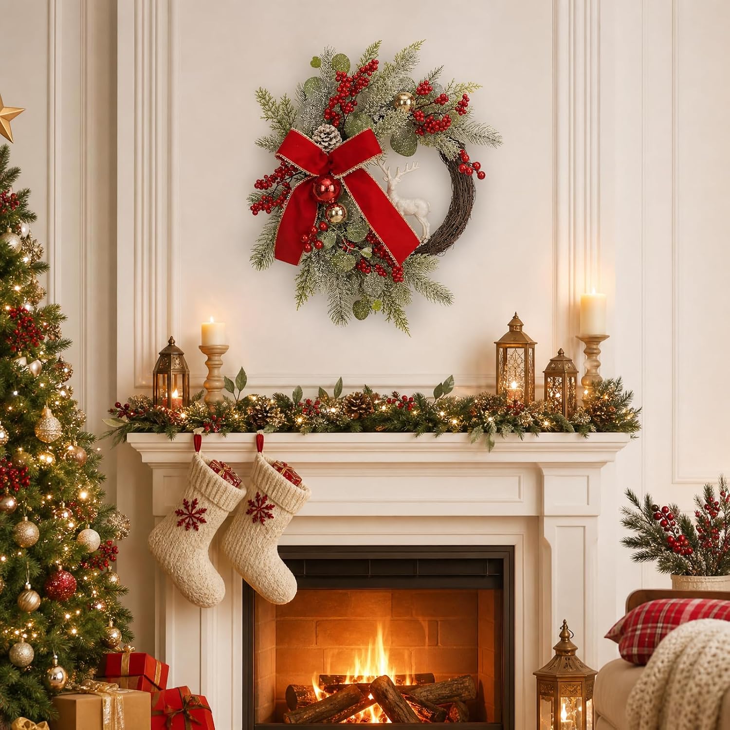 Christmas Wreath for Front Door, Artificial Wreath with Red Bow, Reindeer - Image 2