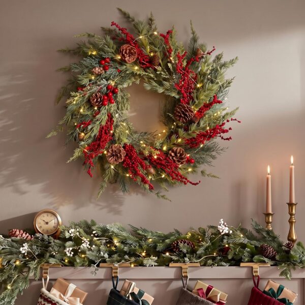 20 Inch Christmas Wreath with LED Lights Red Berry Pinecones