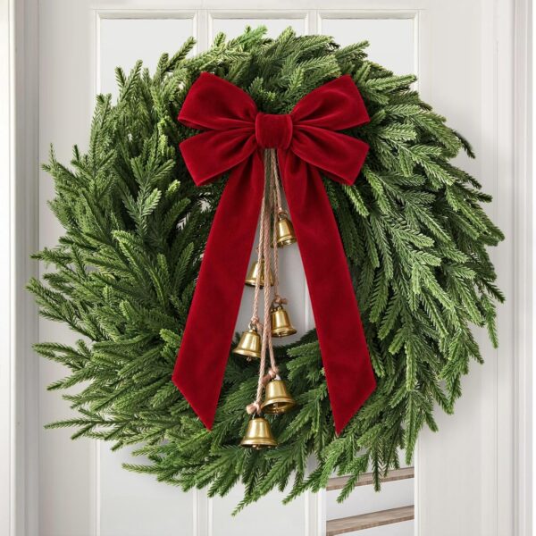Christmas Decor, 24"  Christmas Wreath with Velvet Bow & Bells