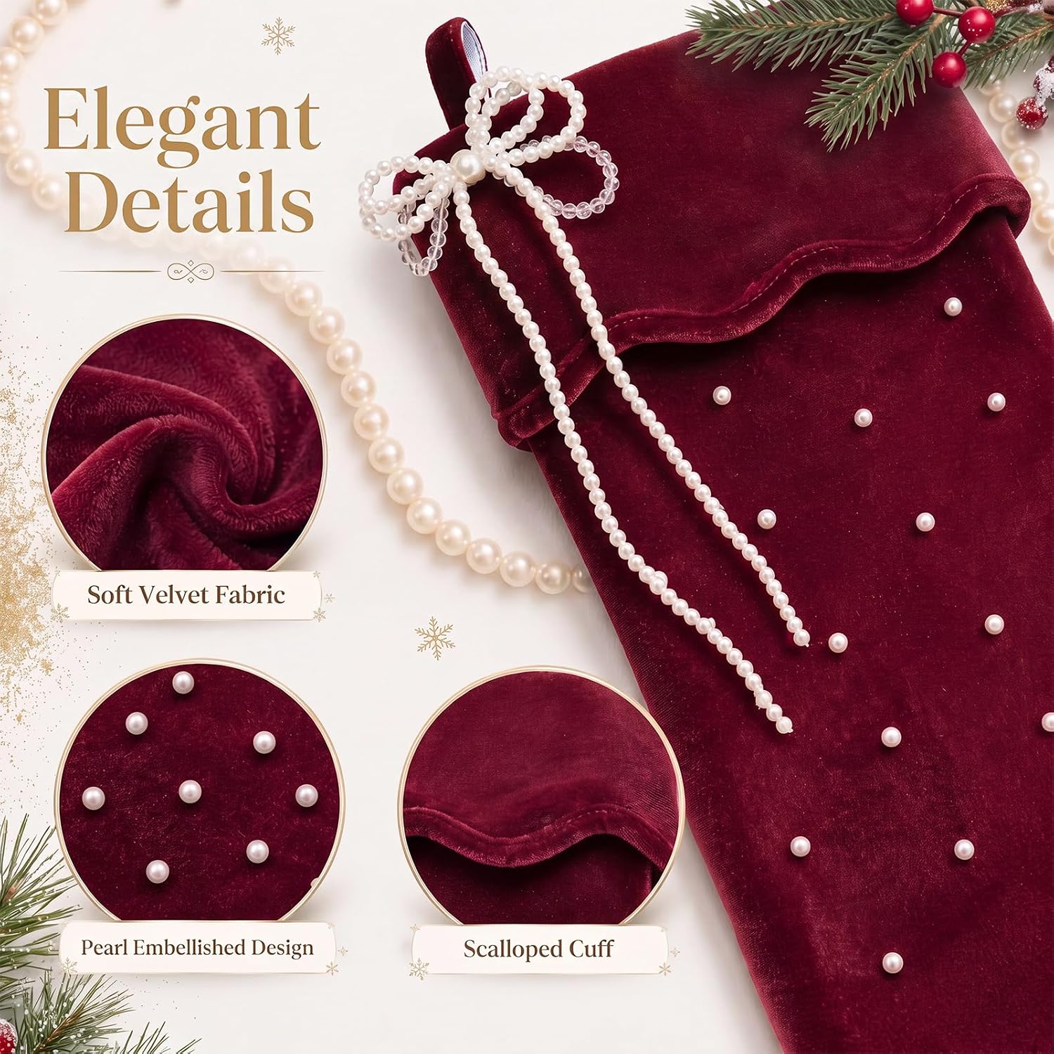 2 Pcs Large 20 Inch Red Velvet Christmas Stockings with Pearl - Image 2