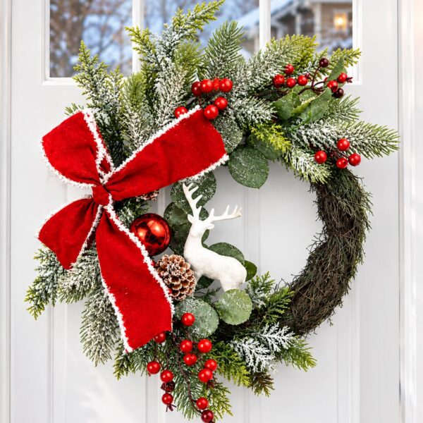 Christmas Wreath for Front Door, Artificial Wreath with Red Bow, Reindeer