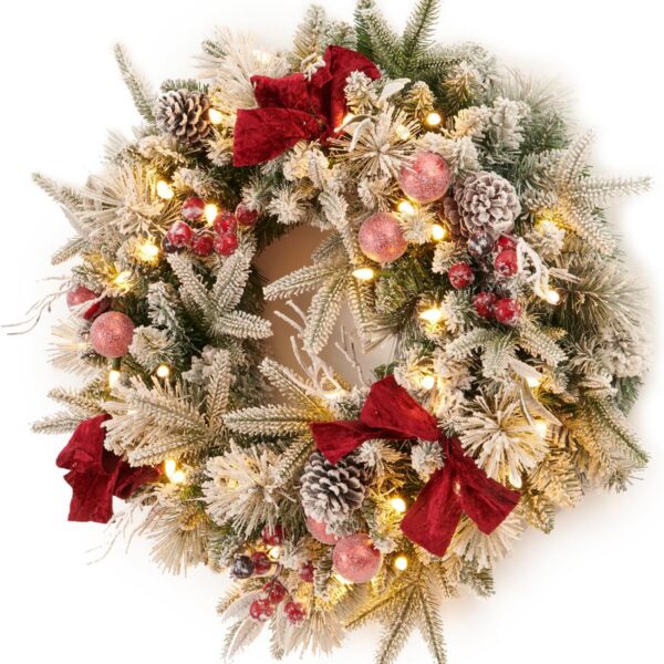 Pre-lit Snow Christmas Wreath with Red Balls,Berries and Bows,24 Inch 50 Battery Operated LED Lights,Holiday Decoration for Front Door Outdoor