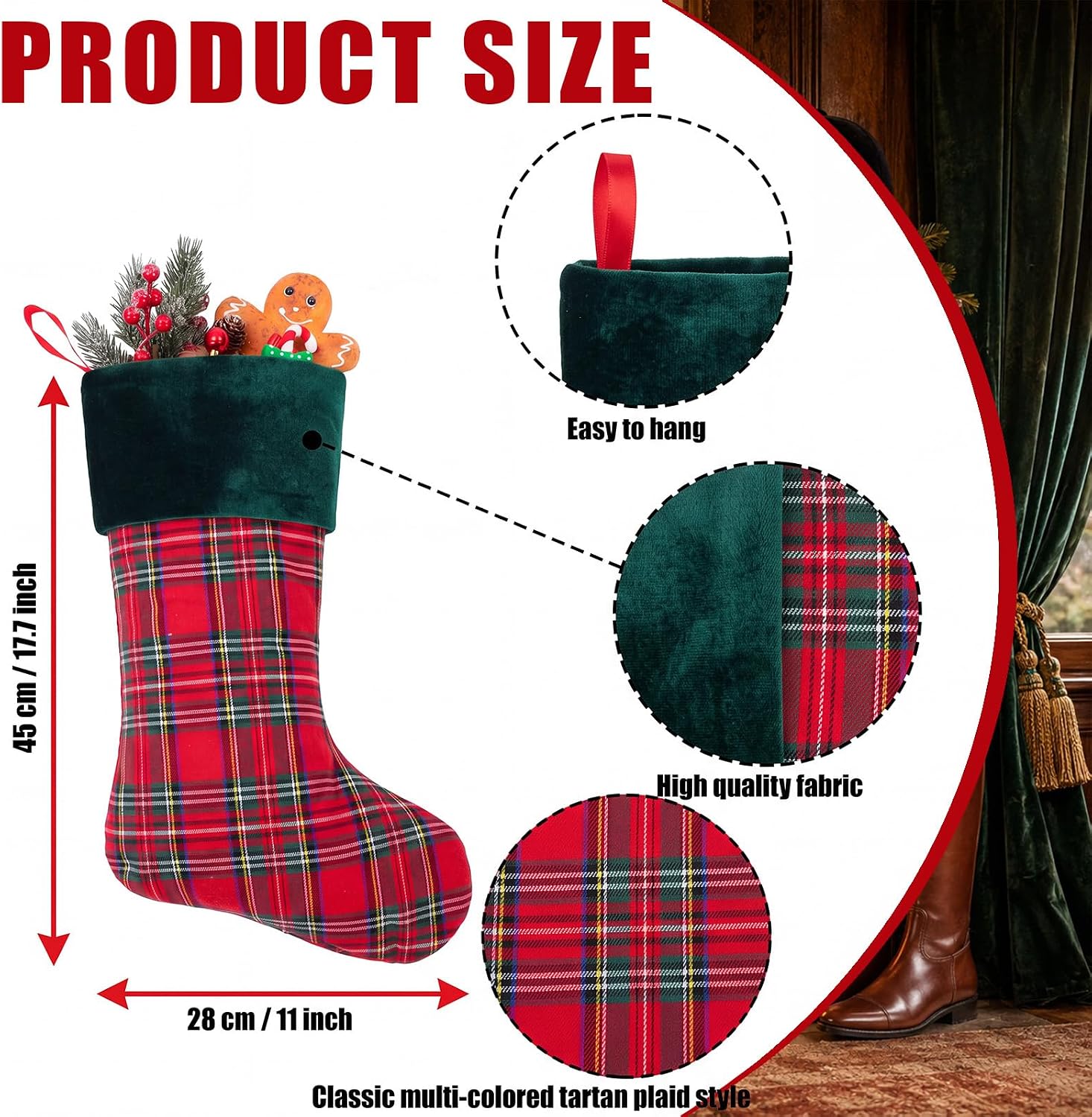 6 Pack Christmas Tartan Plaid Stockings Red Green Stocking with Velvet Cuff - Image 2