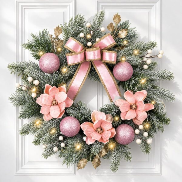 24 Inch Pink Christmas Wreath for Front Door with Warm White LED Lights