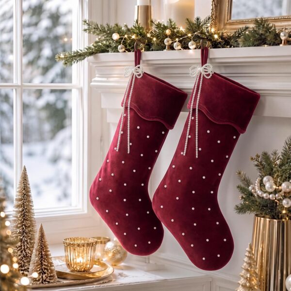 2 Pcs Large 20 Inch Red Velvet Christmas Stockings with Pearl