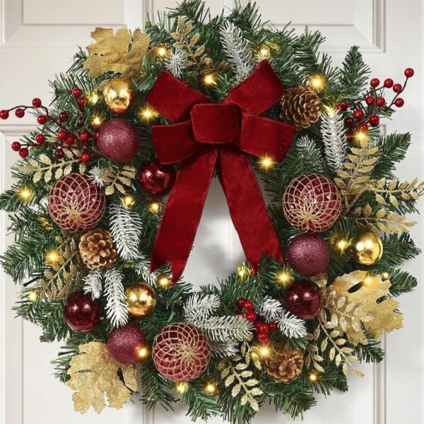 24" Pre-Lit Christmas Wreath for Front Door, Large Christmas Door Wreath