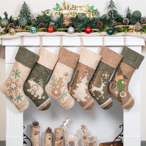 LUBOT 6 Pack Christmas Stockings Set of 6 Large Family Xmas Stocking Woolen Embroidered 20" Modern Rustic Farmhouse Country Rope Fireplace Hanging Holiday Decor