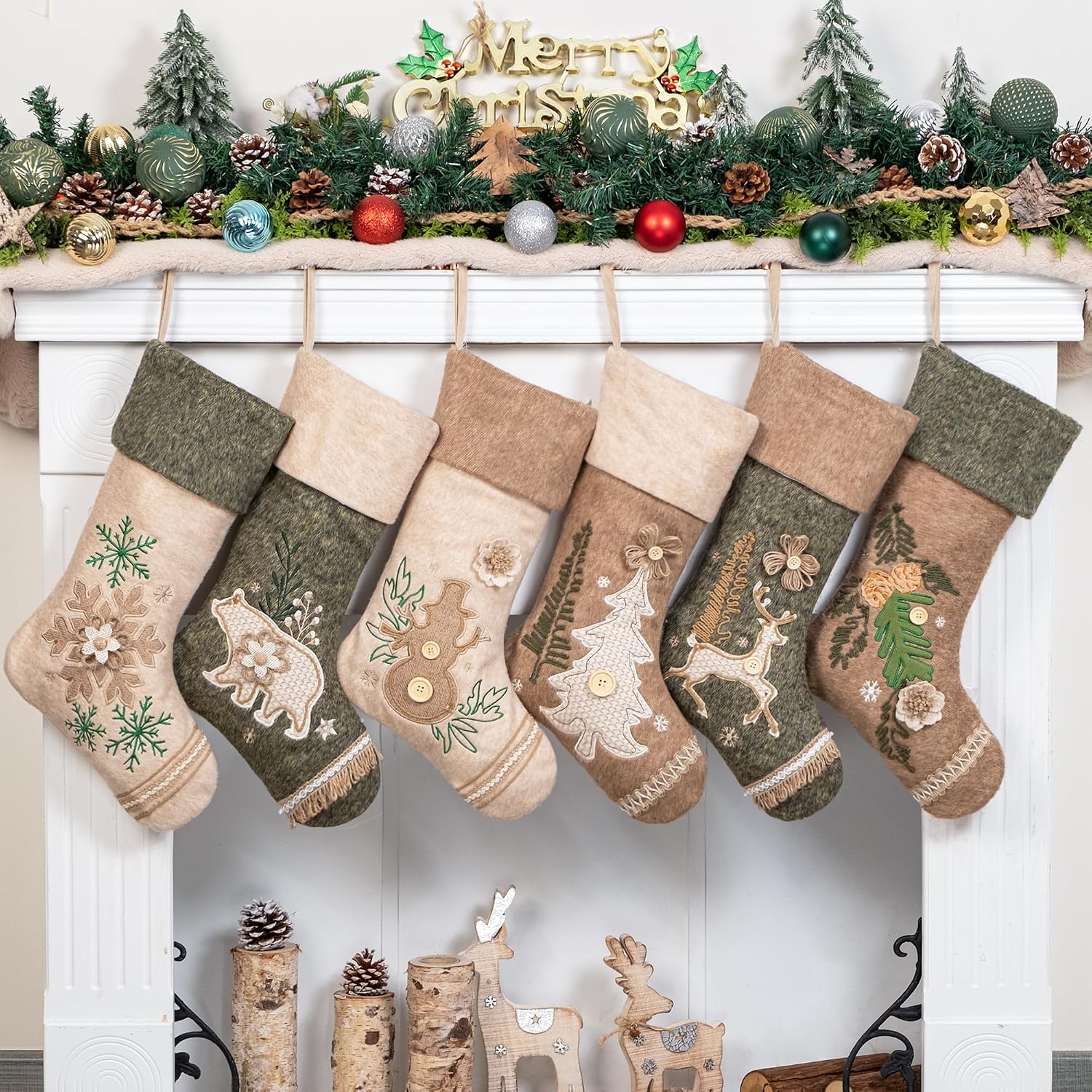 LUBOT 6 Pack Christmas Stockings Set of 6 Large Family Xmas Stocking Woolen Embroidered 20" Modern Rustic Farmhouse Country Rope Fireplace Hanging Holiday Decor