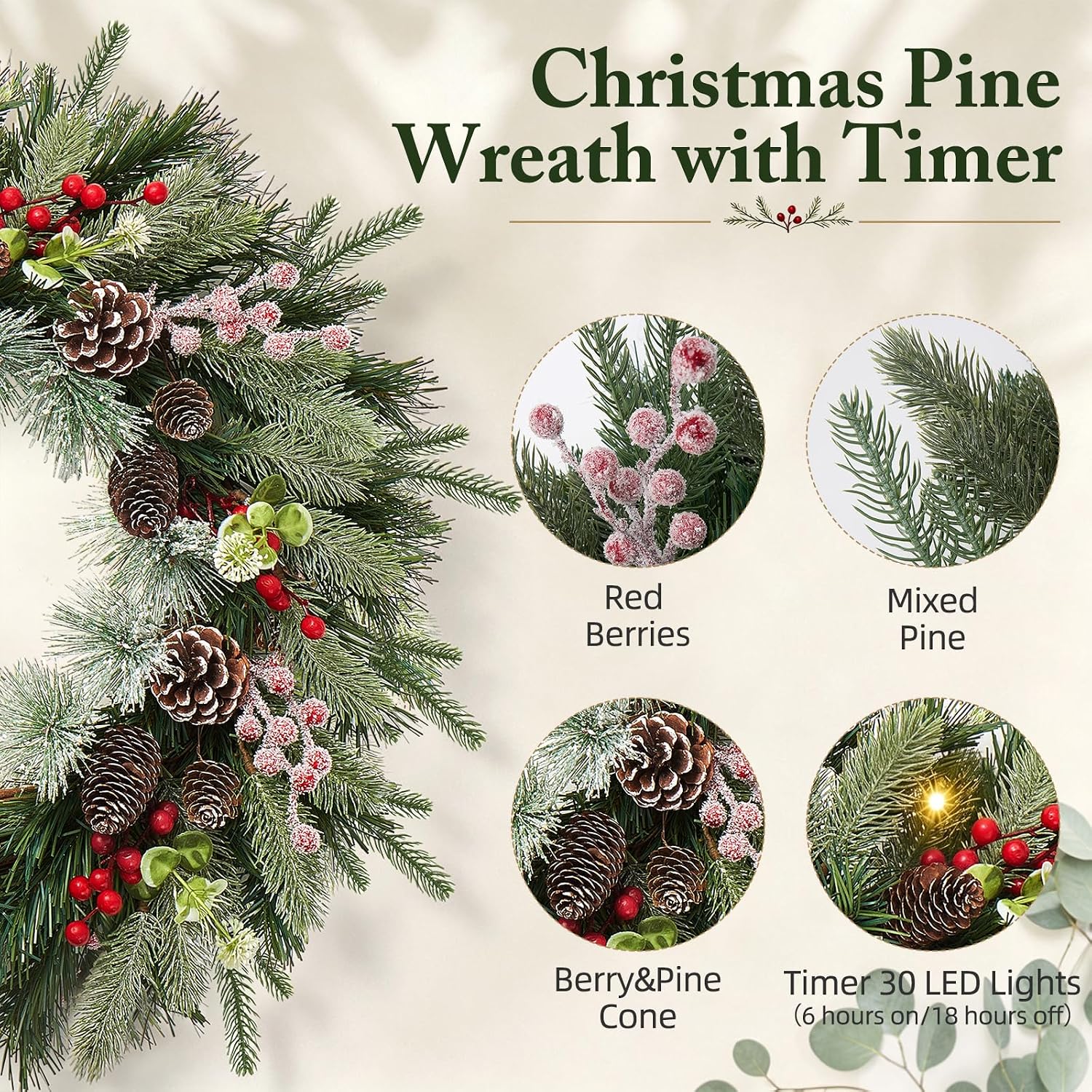Christmas Wreaths for Front Door-Pine Artificial Christmas Door Wreath - Image 2