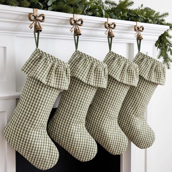 4 Pcs Green Gingham Christmas Stockings 18 " Large Ruffled Xmas Stocking