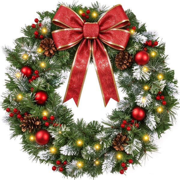 24" Christmas Wreath With Lights & Bow, Pinecons & Berries
