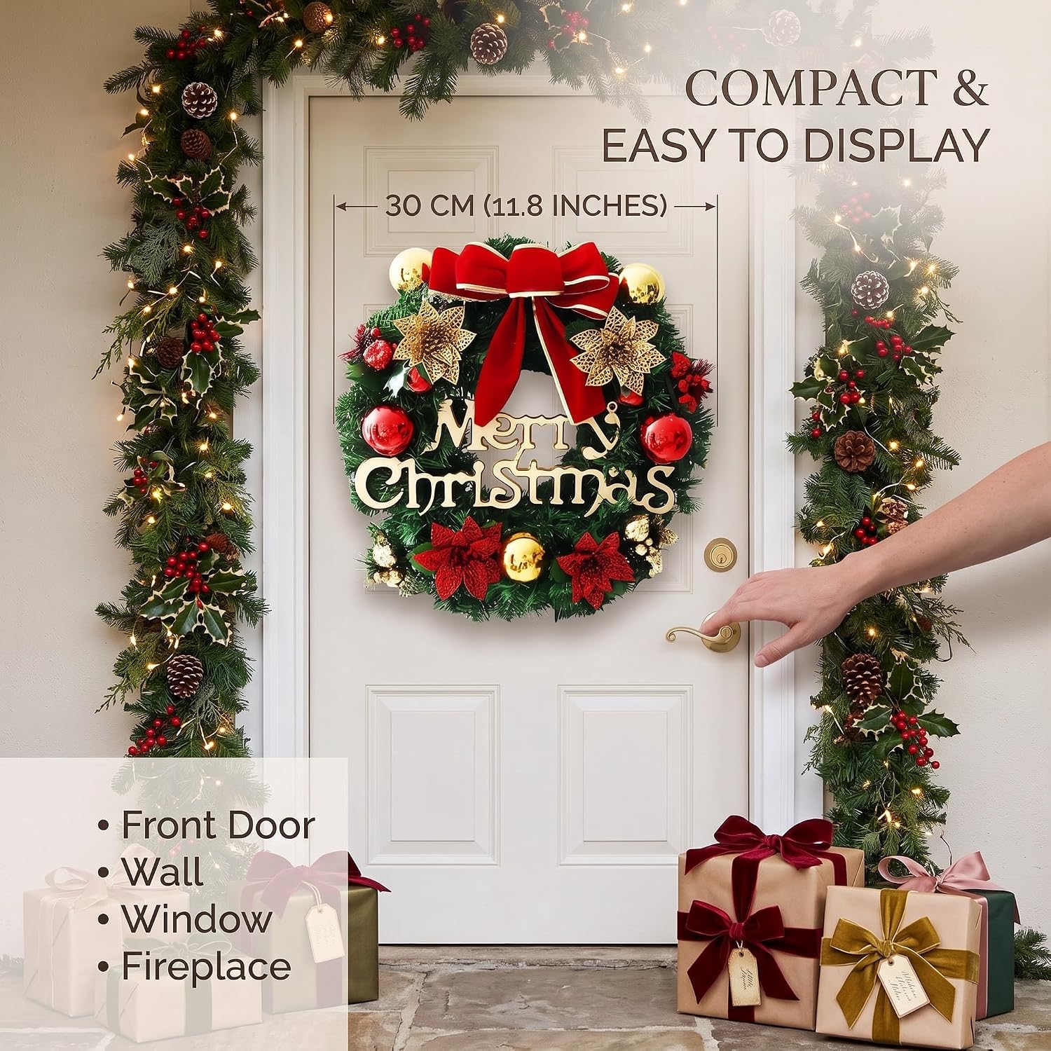 Christmas Wreaths for Front Door,12" Artificial Christmas Door Wreath with Holly Leaves, Red Bow, Baubles & Merry Christmas Sign, Indoor Outdoor Xmas Decoration for Front Door, Wall, Window - Image 2