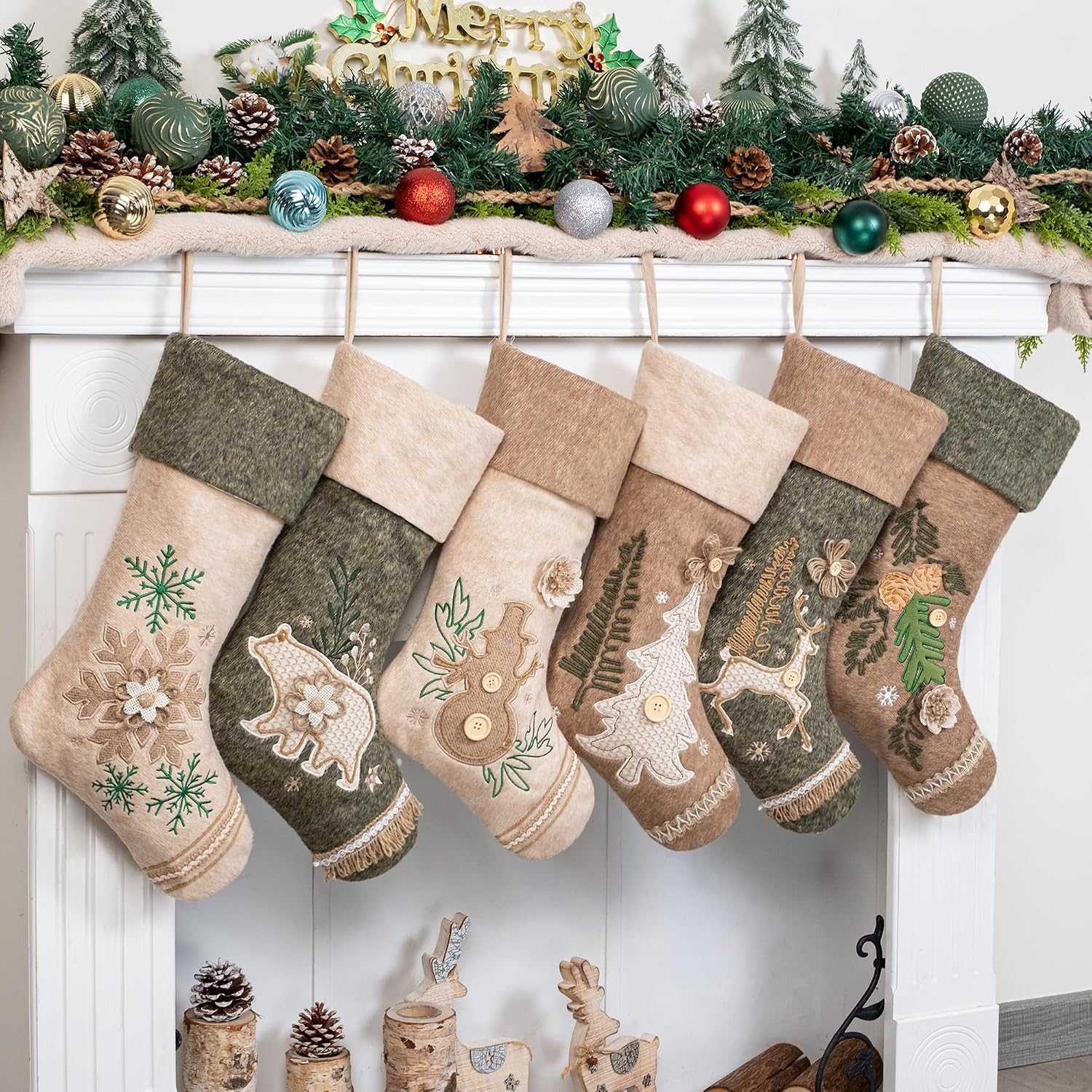 LUBOT 6 Pack Christmas Stockings Set of 6 Large Family Xmas Stocking Woolen Embroidered 20" Modern Rustic Farmhouse Country Rope Fireplace Hanging Holiday Decor - Image 2