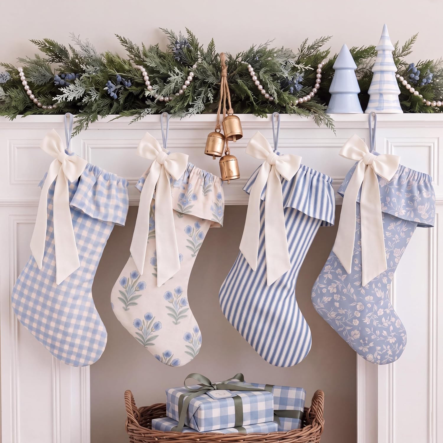 4 Pack Christmas Gingham Floral Bow Stockings Blue Ruffled Socks