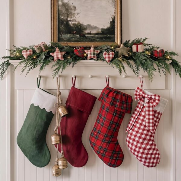 4 Pack Vintage Christmas Stocking, Tartan Decor, Rustic Farmhouse